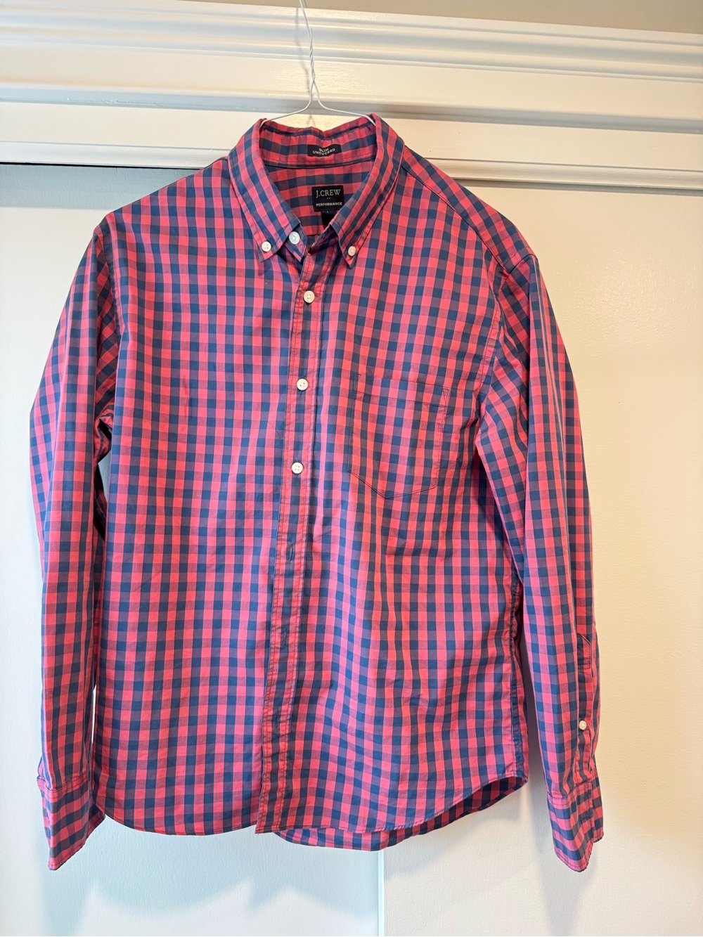 J. Crew Pink and Navy Check Cotton Button-Down Shirt